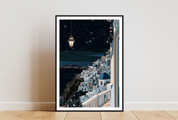 Santorini Greece Night Travel Poster White Houses Starry Sky