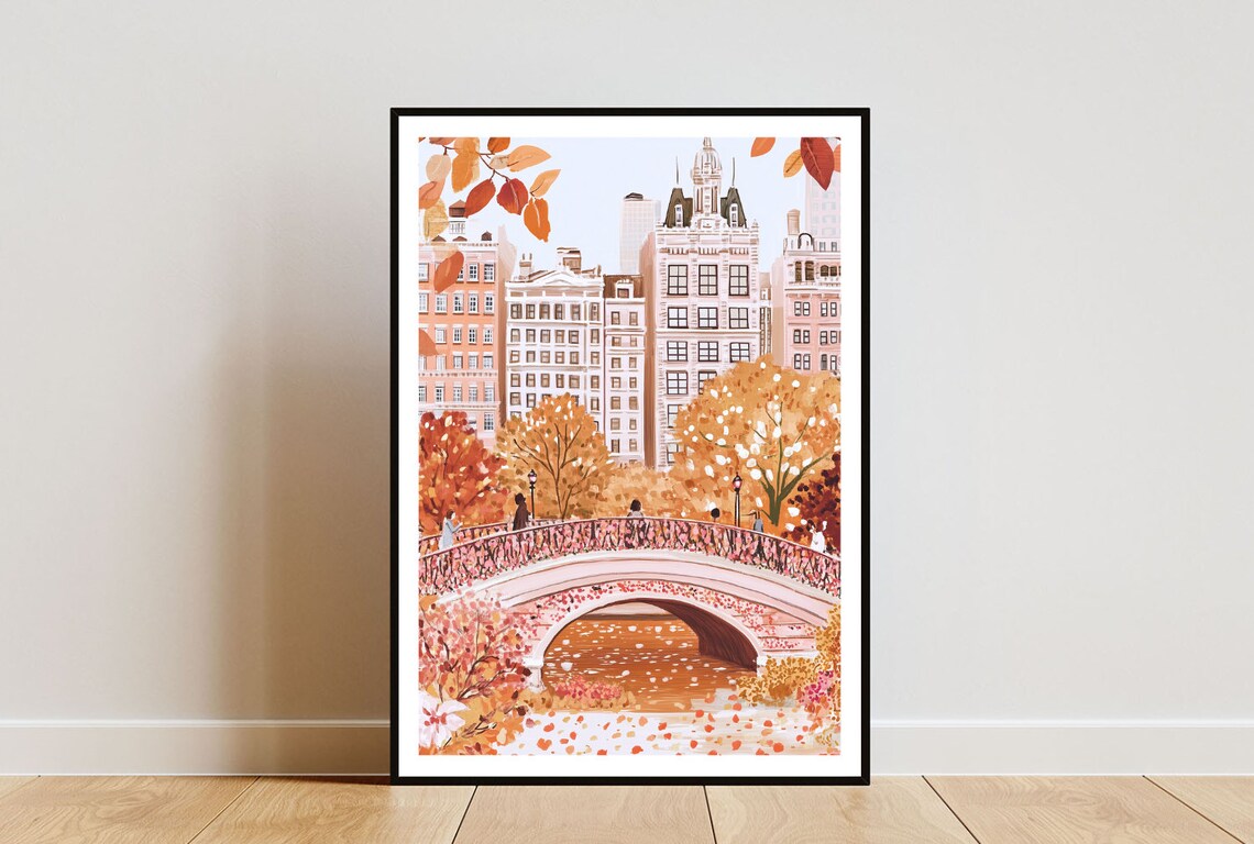 Central Park Autumn Travel Poster Bow Bridge Fall Foliage Art