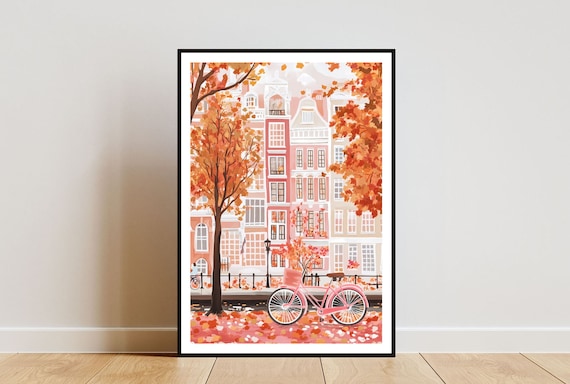 Amsterdam Autumn Travel Poster Pink Bicycle Canal Houses Art