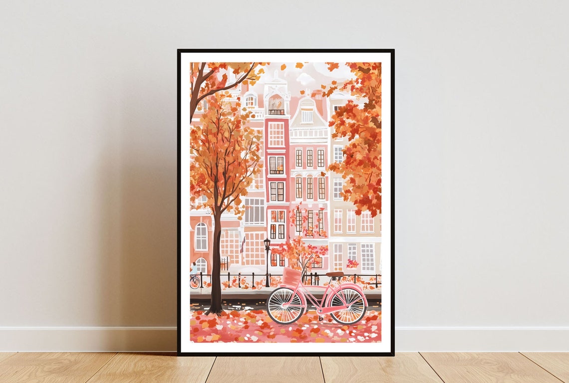 Amsterdam Autumn Travel Poster Pink Bicycle Canal Houses Art
