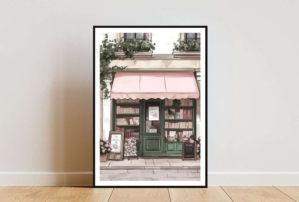 French Bookshop Storefront with Pink Awning and Books Poster