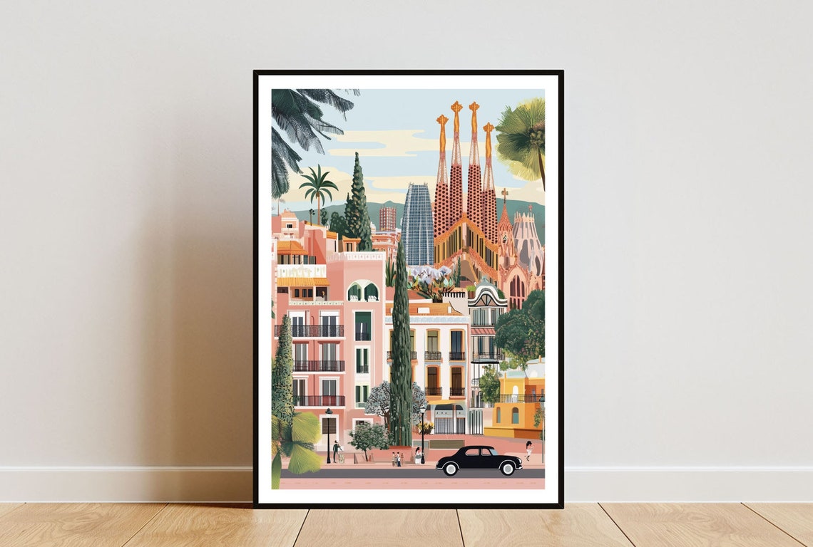 Barcelona Spain Travel Poster Sagrada Familia Street Scene Art