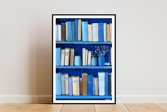 Cobalt Blue Bookshelf Illustration Poster with Books and Vase Collection
