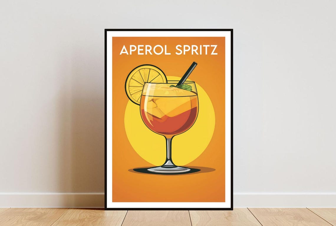 Aperol Spritz Cocktail Art Print Orange Bar Wall Decor Retro Style