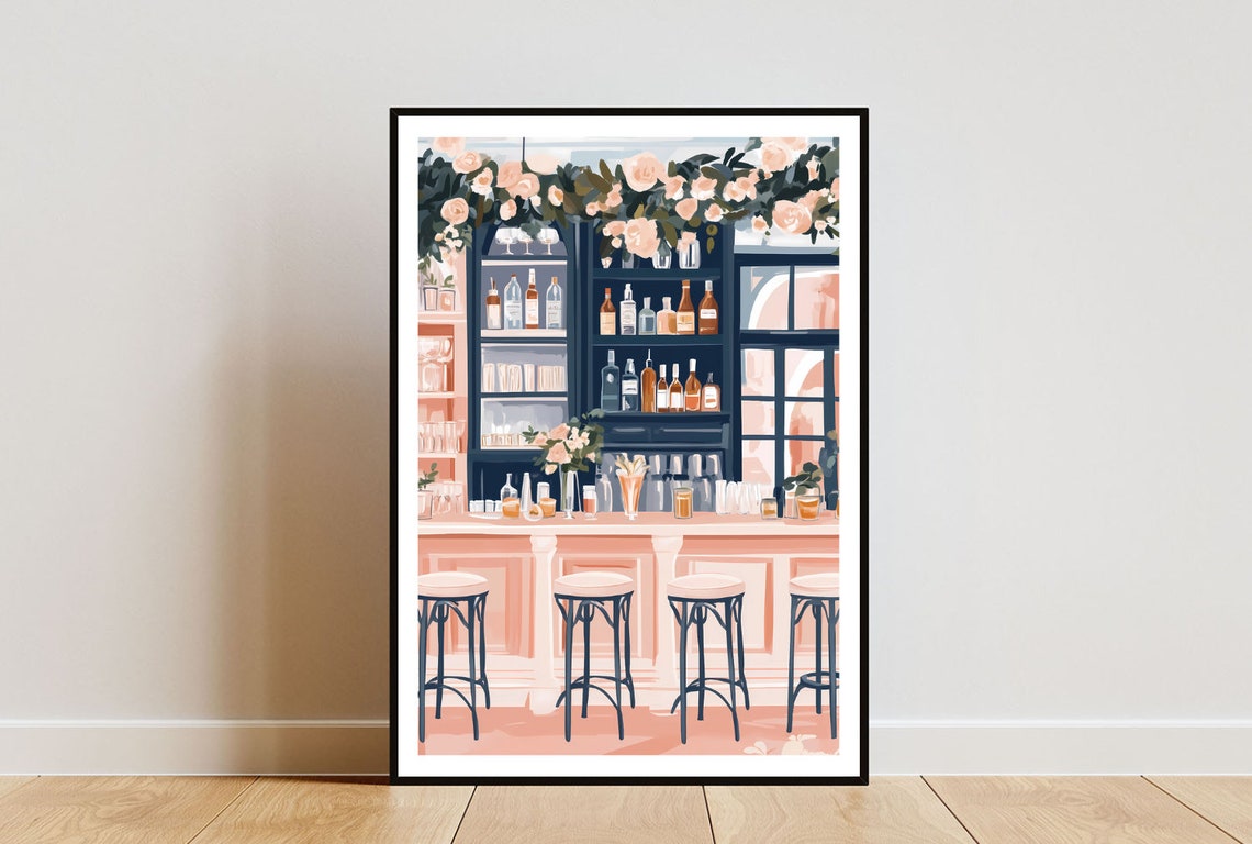 Cocktail Bar Illustration Pink Floral Barstools Bar Scene Poster