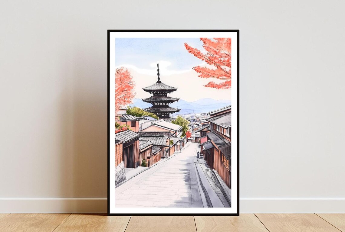Kyoto Five Story Pagoda Red Maple Autumn Watercolor Street Poster