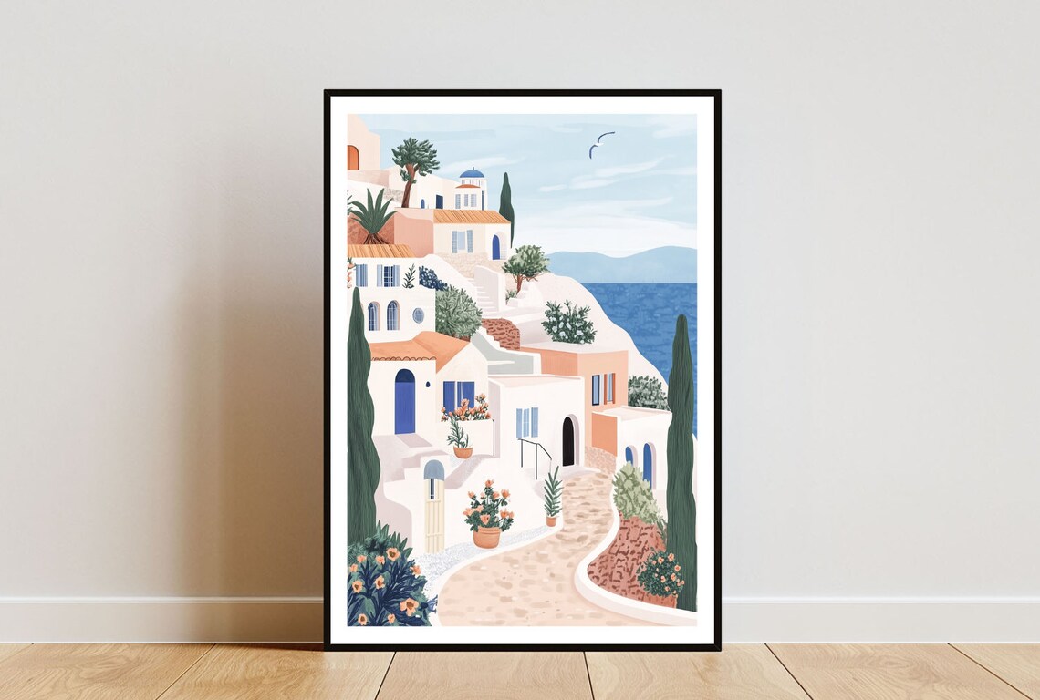 Santorini Greek Hillside Whitewashed Houses Blue Aegean Sea Poster