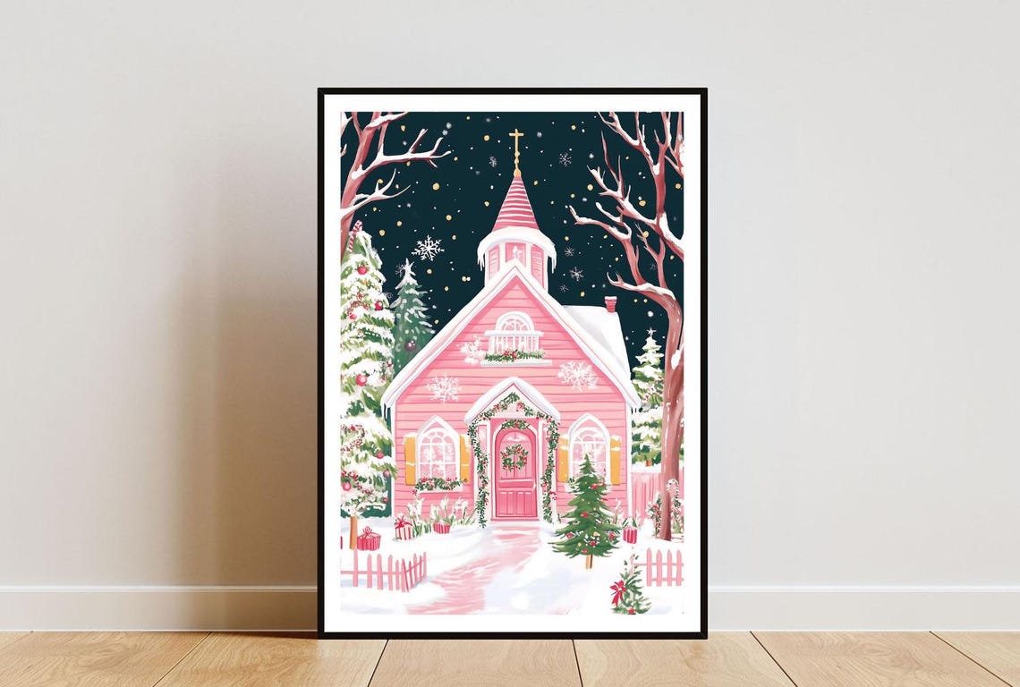 Church Poster Christmas Print Church Wall Art Church Art Poster Church Print Christmas Tree Wall Art Shop Poster Snow Print Pink Art