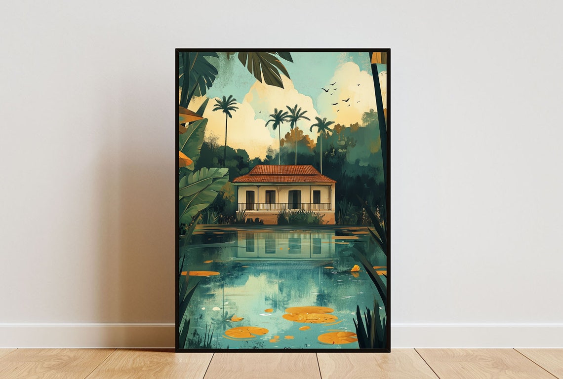 Kerala Backwaters Palm House Floating Lily Pad Travel Poster
