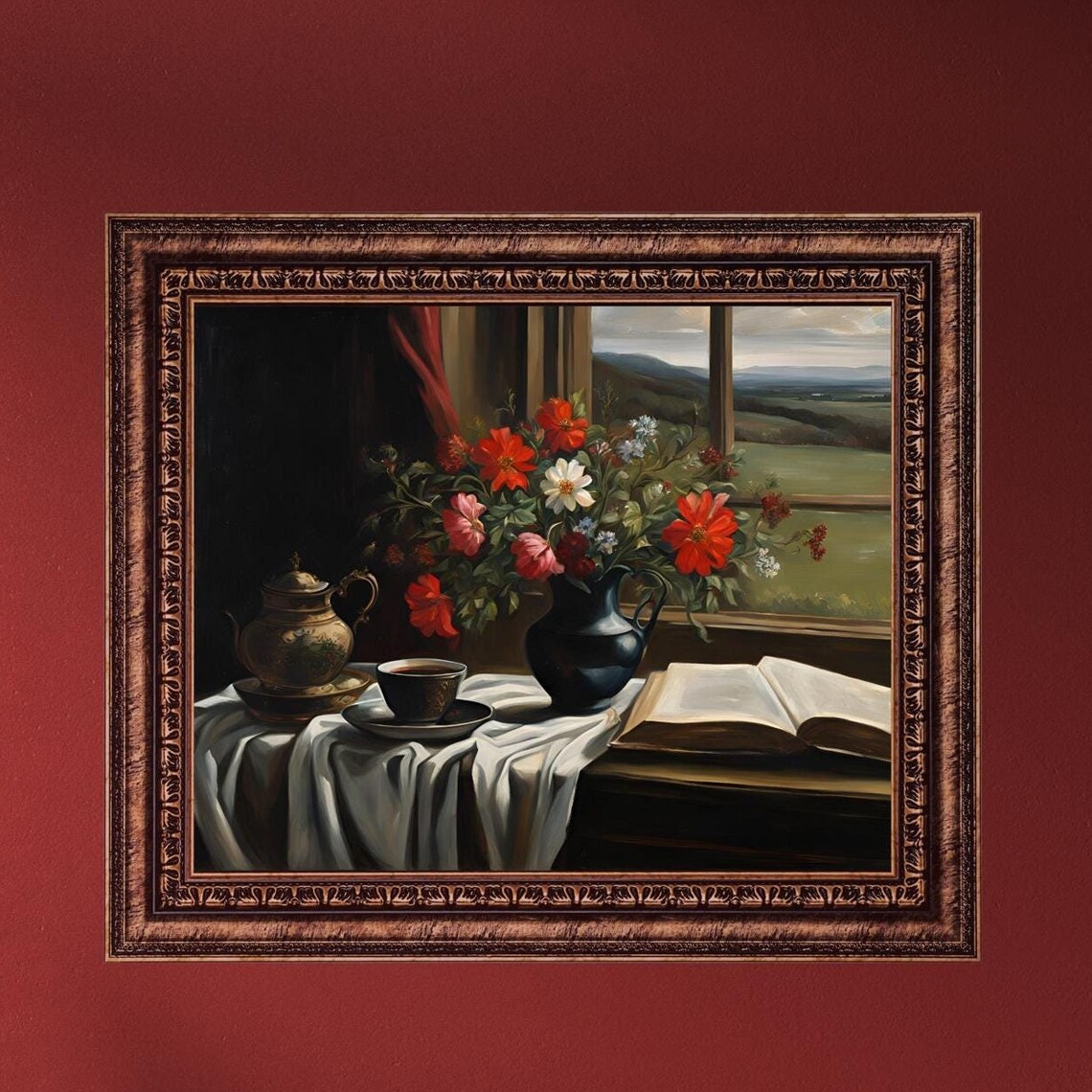 Still Life with Red Flowers Teapot and Open Book Vintage Interior Poster