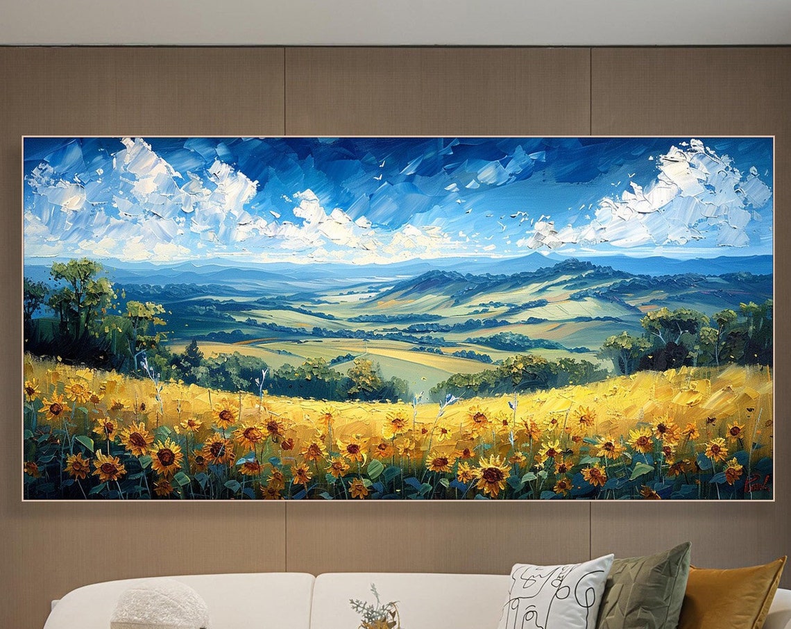 Golden Sunflower Field Rolling Green Hills Summer Sky Poster