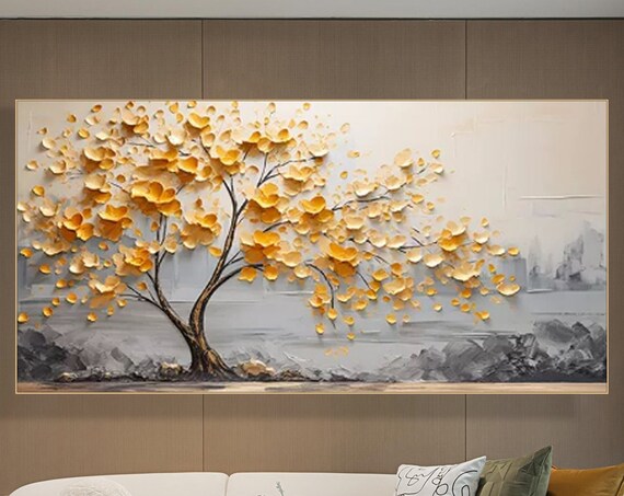 Golden Tree Textured Oil Painting with Falling Leaves on Gray Background Poster