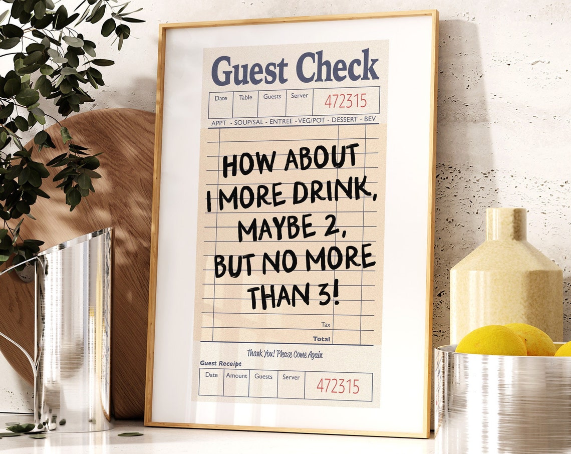 Guest Check Funny Drinking Quote Retro Receipt Kitchen Bar Poster