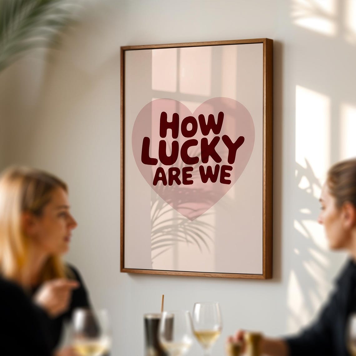 How Lucky Are We Quote on Heart Burgundy Typography Wall Poster