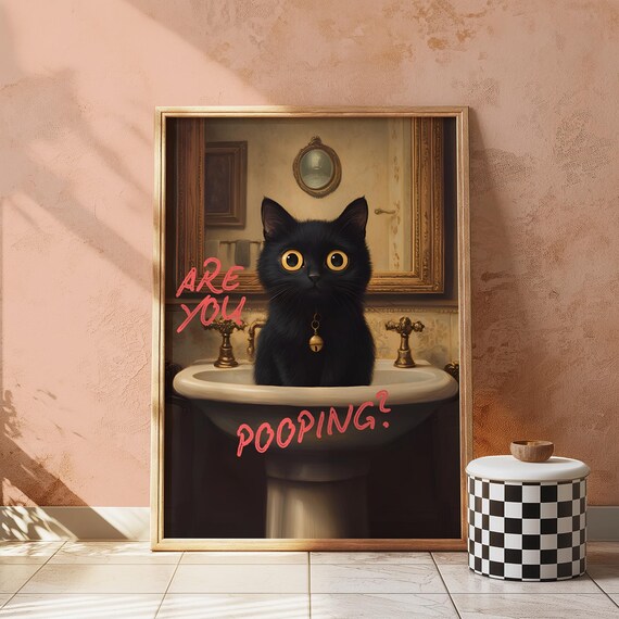 Funny Bathroom Wall Art Black Cat Print With Are You Pooping Quote Sign Prints Decor