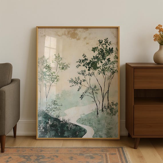 Wabi Sabi Wall Art Sage Green Japandi Japanese Large Rising Sun Print