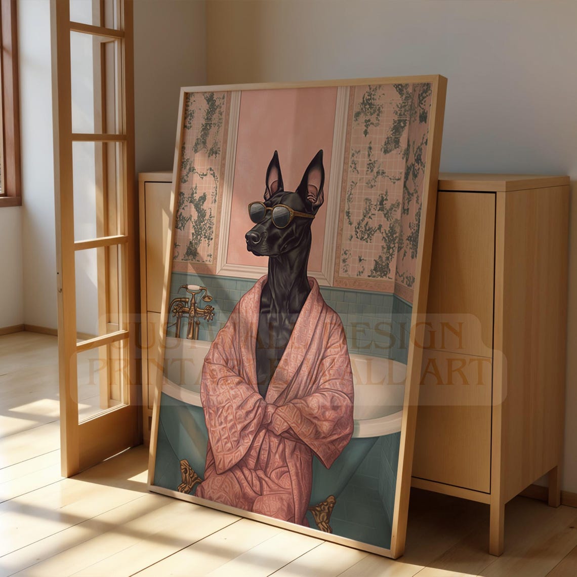 Doberman Bathroom Poster Prints With In Robe Funny Wall Art Decor