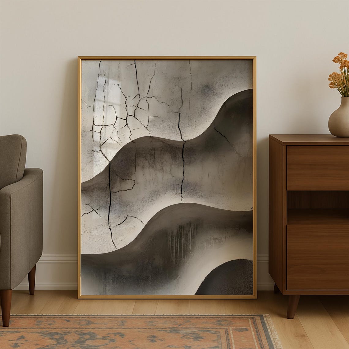Flowing Cracked Grey Stone Waves Abstract Textured Art Poster