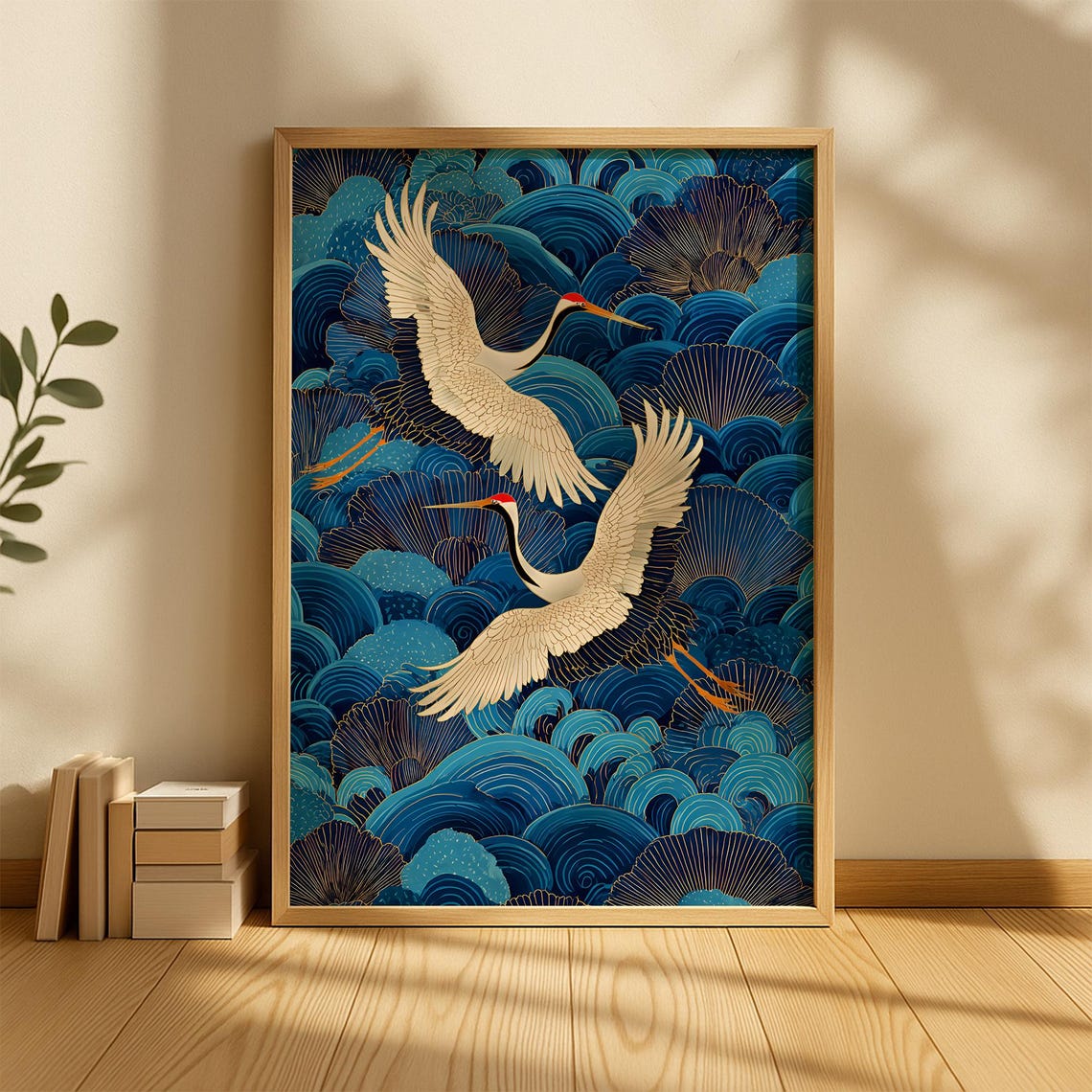 Two White Cranes Flying Over Blue Waves Japanese Fine Art Poster