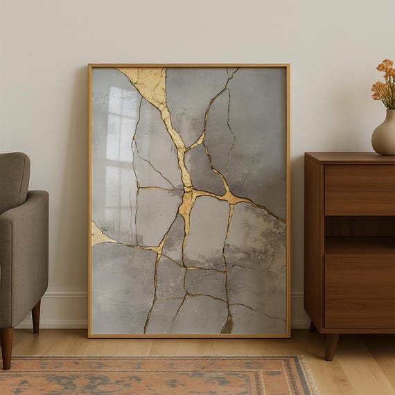 Kintsugi Inspired Gold Cracked Grey Stone Abstract Art Poster