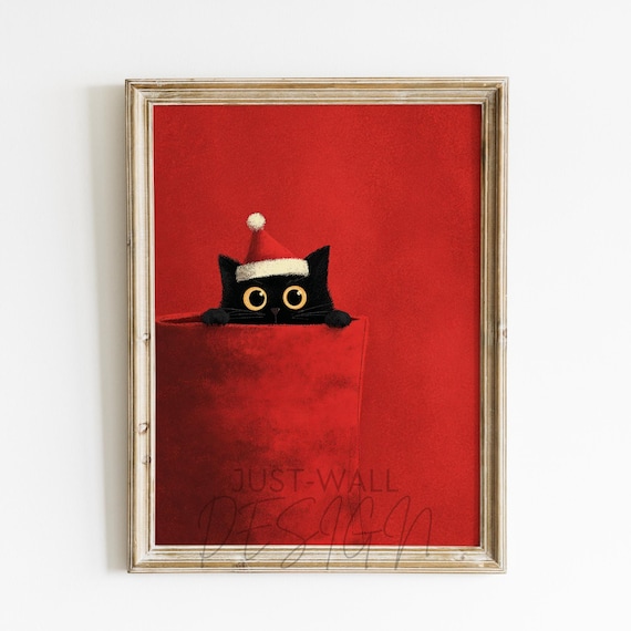 Cute Black Cat Christmas Wall Art Holiday Poster Decor Funny Print Gift Festive