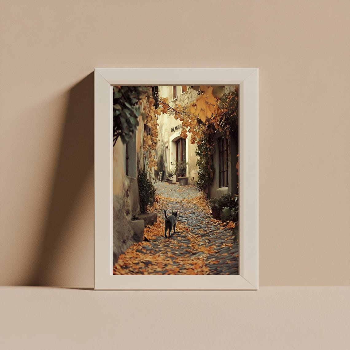 Black Cat Strolling Down a Cobblestone Autumn Alleyway Poster