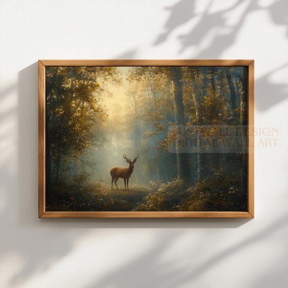 Vintage Forest Wall Art Deer In Golden Landscape Painting Rustic Nature Prints Farmhouse Decor