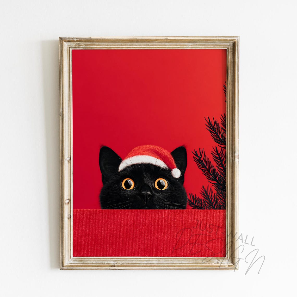 Black Cat Santa Hat Peeking Over Red Background Christmas Poster