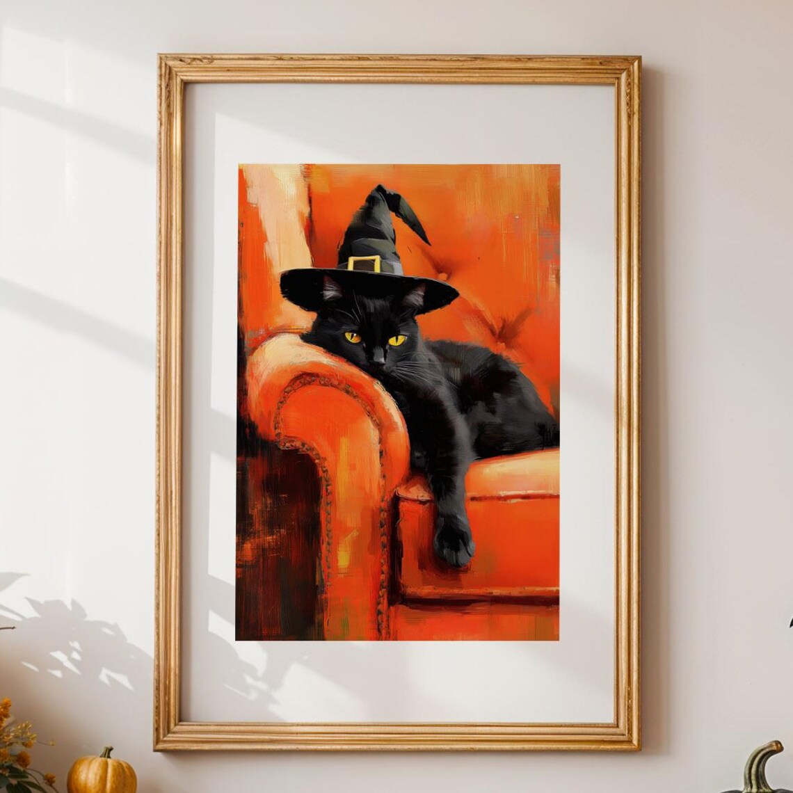 Black Cat Witch Halloween Wall Art Fall Orange Couch Spooky Cute Decor Lover Gift
