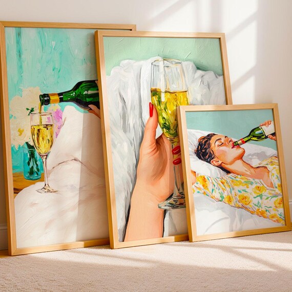 Cheers Wine Champagne Fun Wall Art Set of 3 for Bedroom Decor