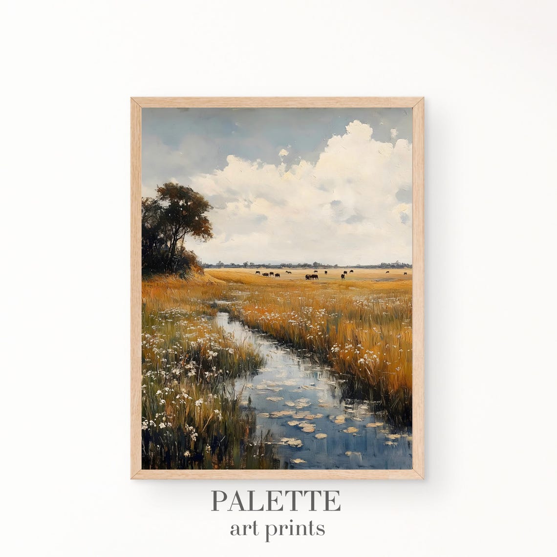 Golden Meadow Stream Cattle Grazing Rustic Pastoral Art Print