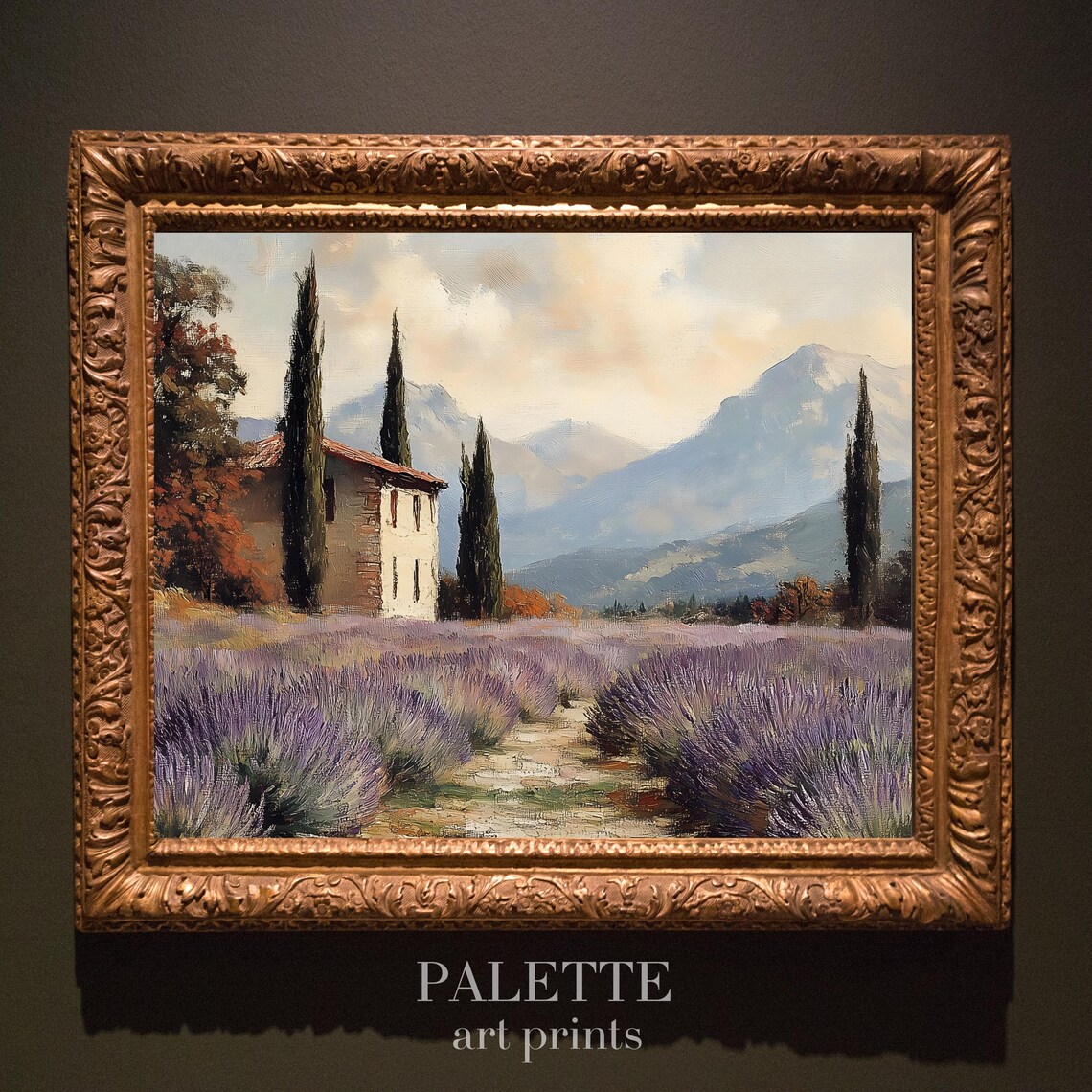 Lavender Field Farmhouse Cypress Trees Blue Mountain View Poster - Image 3