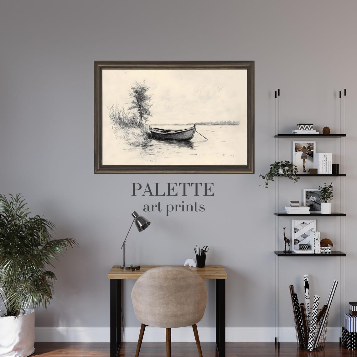 Rowboat Riverbank Ink Sketch Serene Lake Minimalist Art Print - Image 3