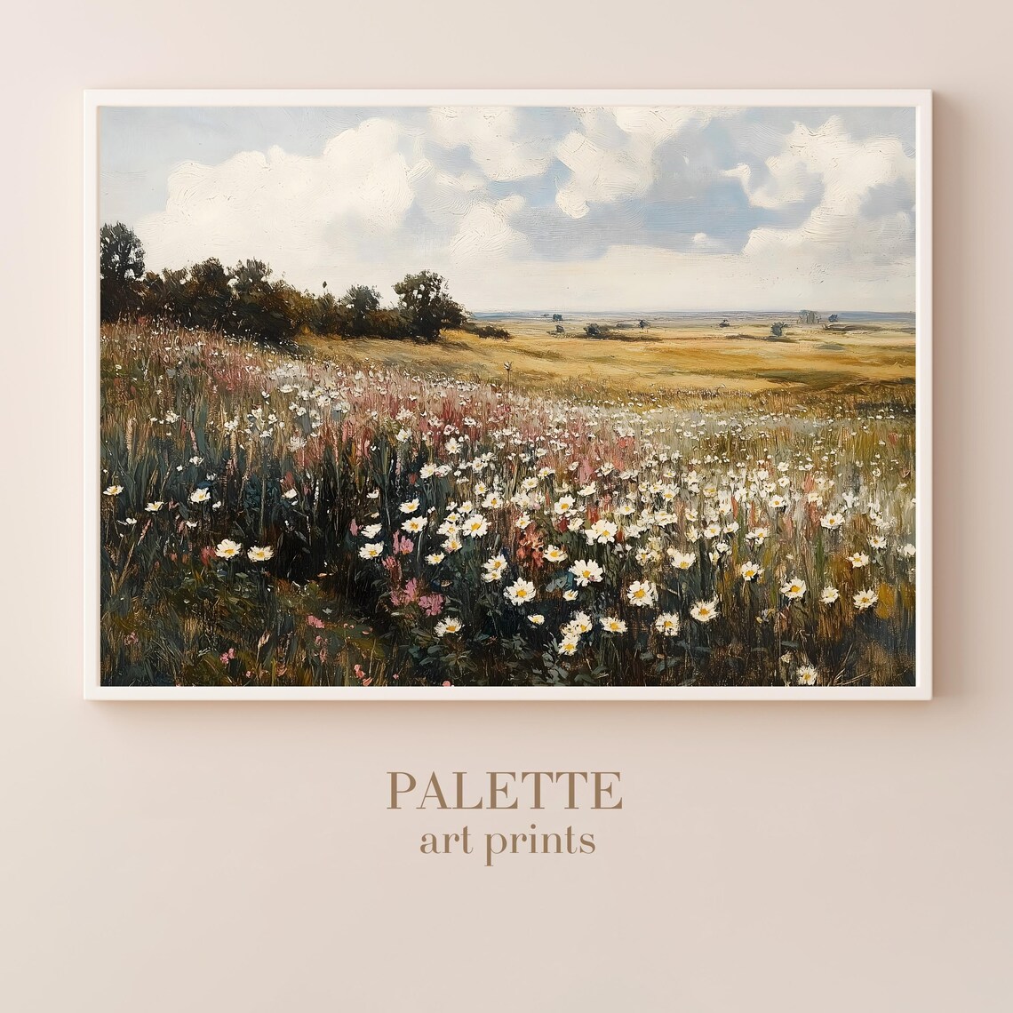Wildflower Hillside Pastel Clouds Summer Meadow Landscape Poster - Image 3