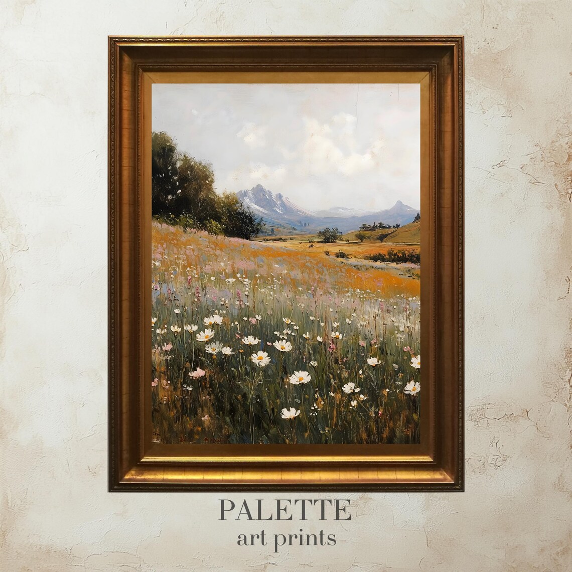 Daisy Wildflower Meadow Mountain Backdrop Golden Field Painting Poster