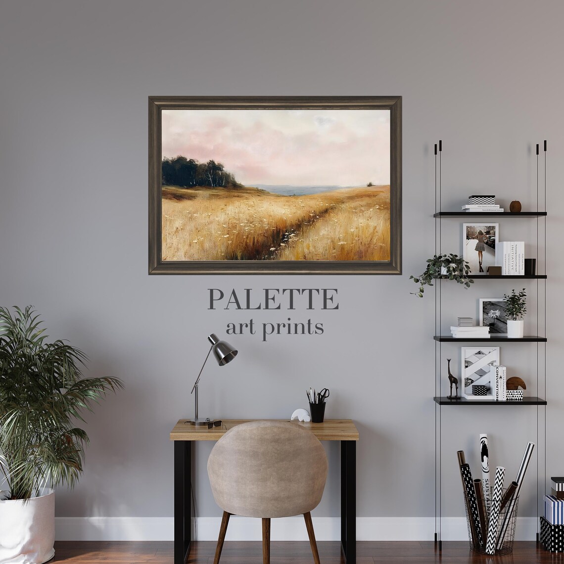 Golden Wheat Field Stream Leading to the Sea Pink Sky Wall Art - Image 3