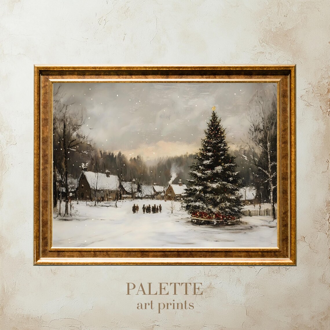 Cozy Giant Christmas Tree in Snowy Village Holiday Scene Poster