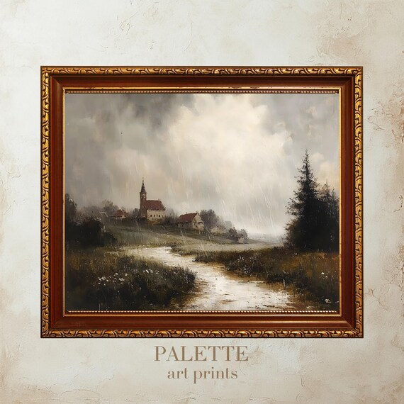 Rain Swept Country Church Steeple Moody Countryside Scene Wall Art