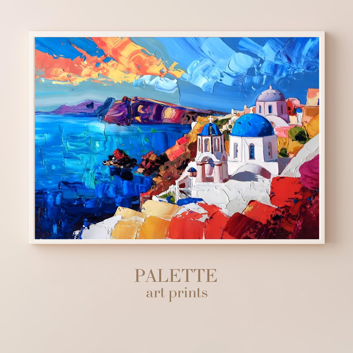 Santorini Blue Domes Colorful Impasto Aegean Coast Painting Poster - Image 3
