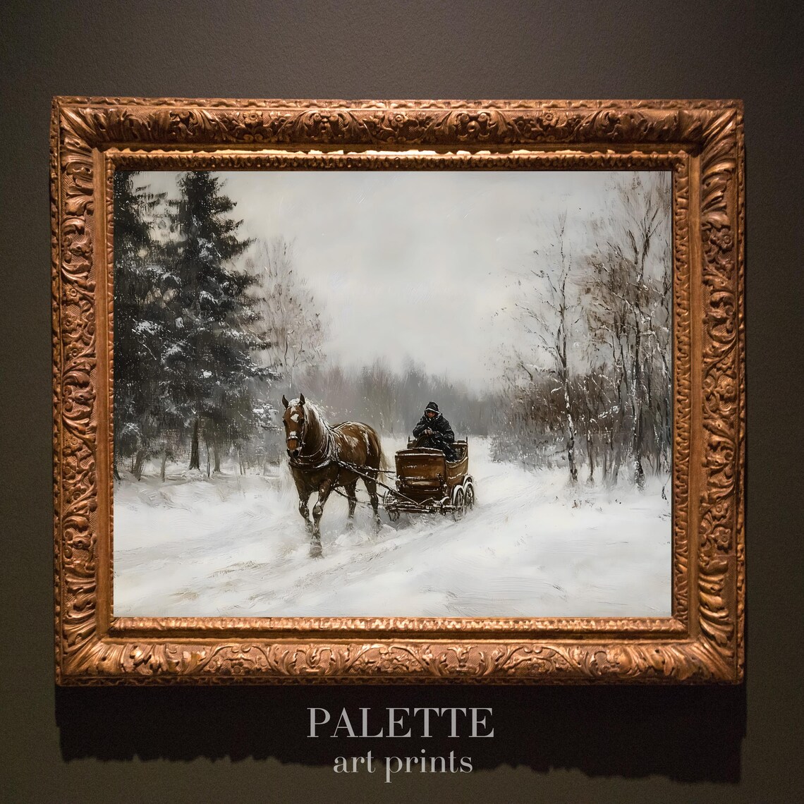 Horse Drawn Carriage Traveling A Snowy Forest Path In Winter Poster - Image 2