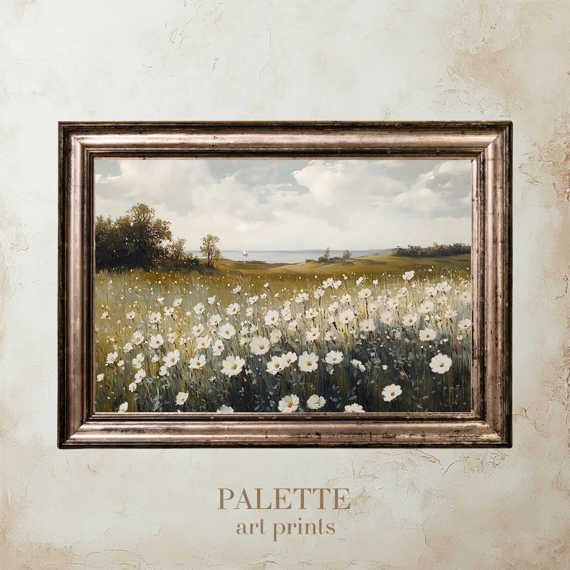 White Daisy Meadow Path Leading to the Sea Sailboat Wall Art