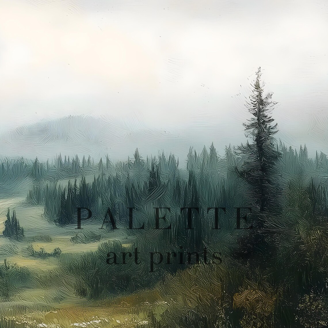 Misty Pine Forest Meadow Tranquil Foggy Woodland Landscape Poster - Image 2