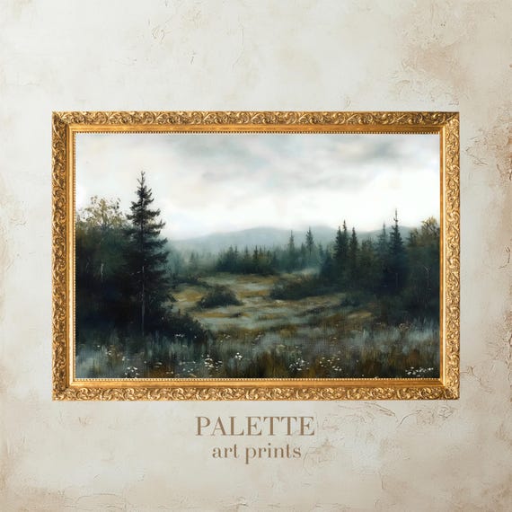 Misty Forest Landscape Oil Painting Serene Mountain Pine Trees In Foggy Scene Tranquil Wall Art Lnd082