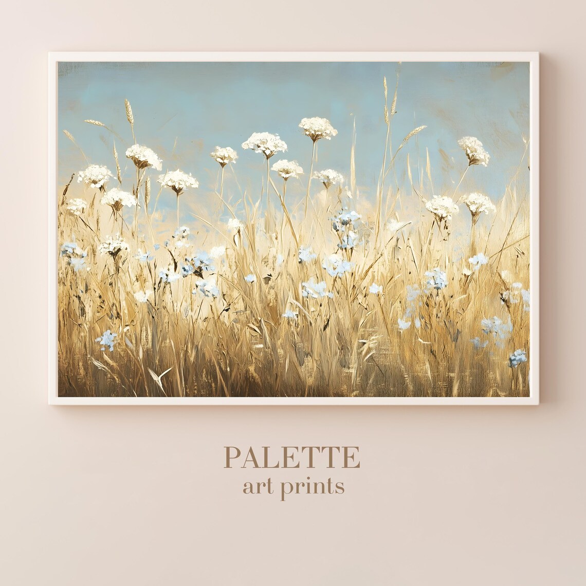 White Wildflowers Wheat Field Blue Sky Painting Summer Wall Poster