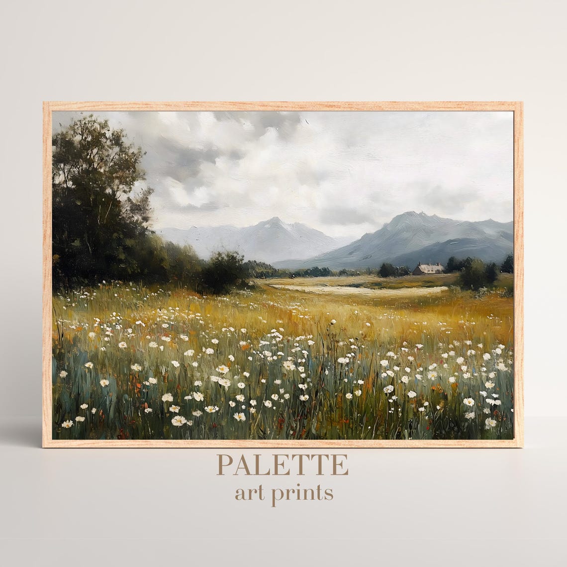 Daisy Meadow Distant Mountains Cottage Pastoral Landscape Poster