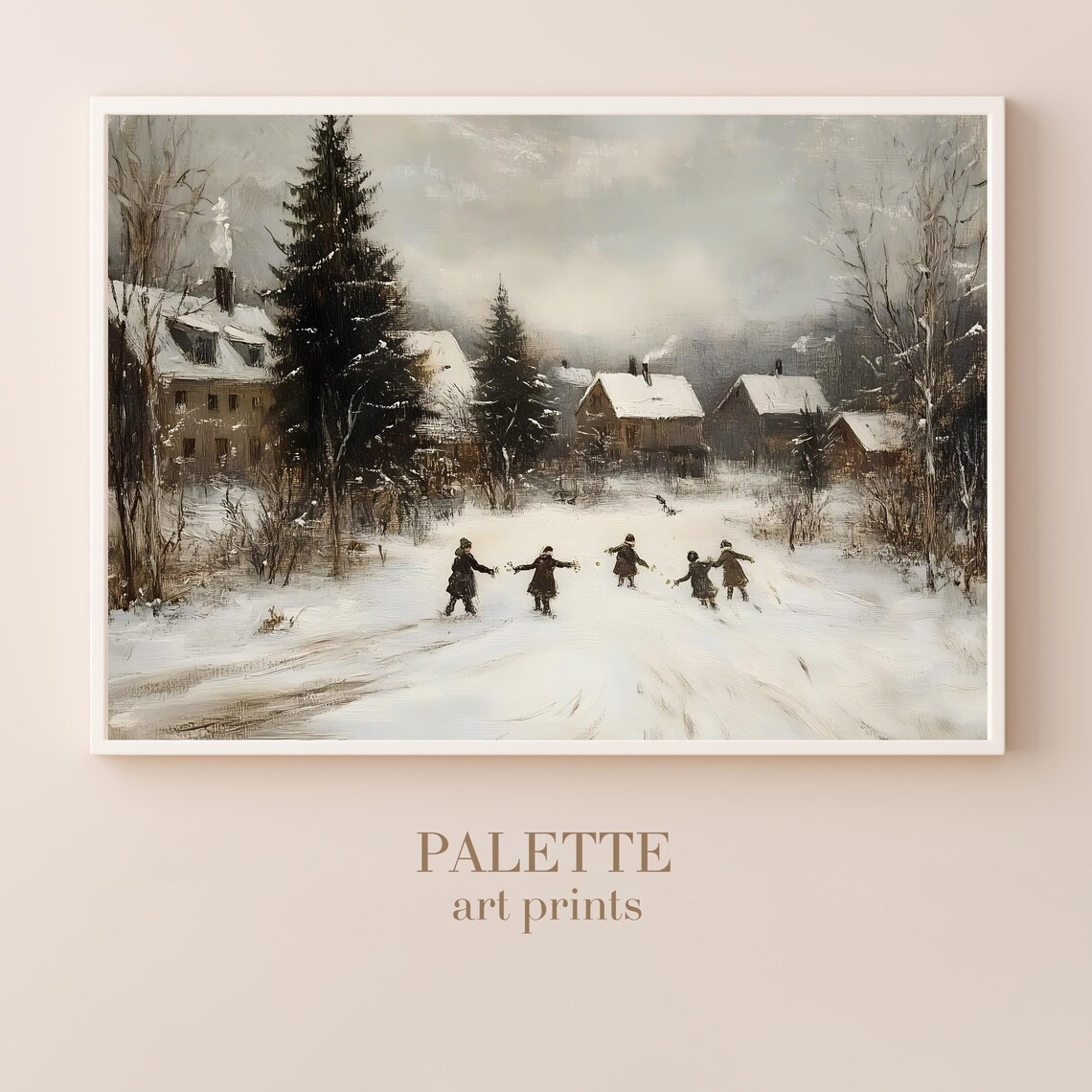Children Playing Snowy Village Street Nostalgic Winter Scene Painting Poster
