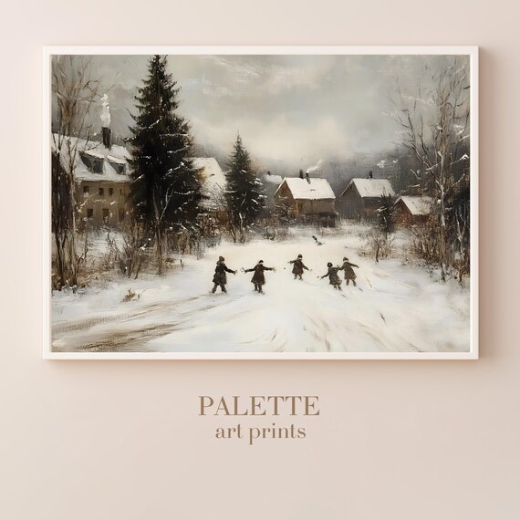 Children Playing Snowy Village Street Nostalgic Winter Scene Painting Poster