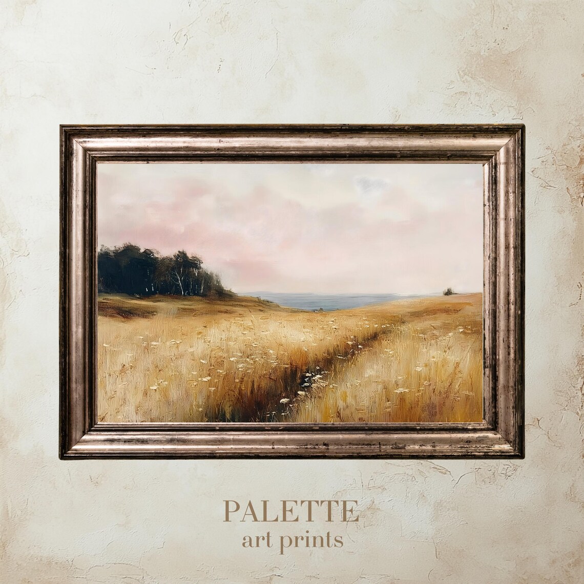 Golden Wheat Field Stream Leading to the Sea Pink Sky Wall Art