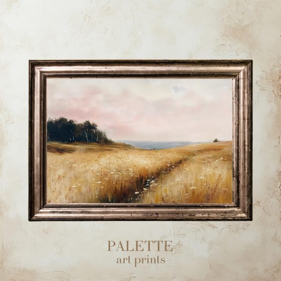 Soft Pastel Meadow Landscape Light Oil Painting With Clouds Dreamy Nature Wall Art Print For Subtle Home Decor Touches Lnd018
