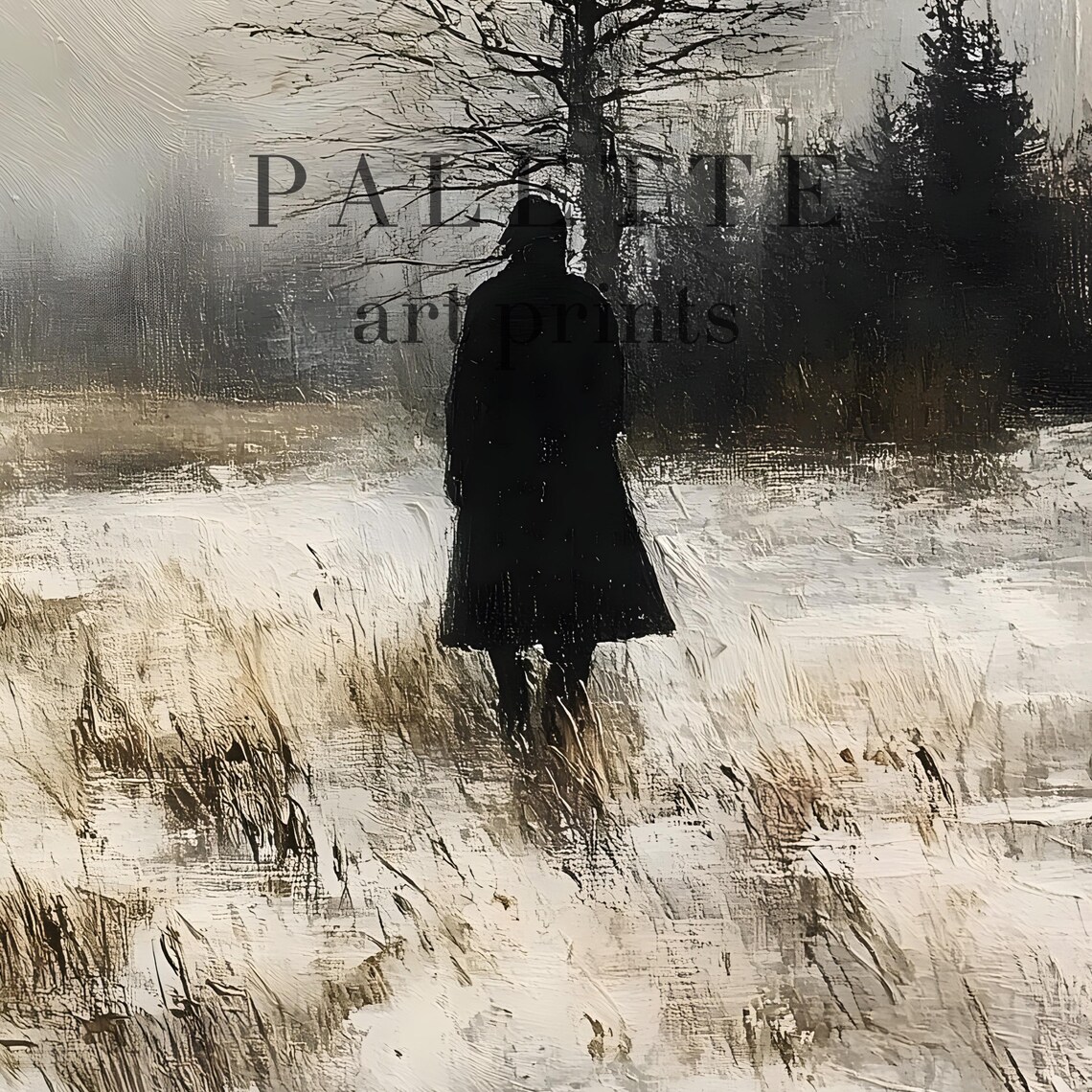 Solitary Figure in Vast Snowy Field Moody Winter Wanderer Poster - Image 3